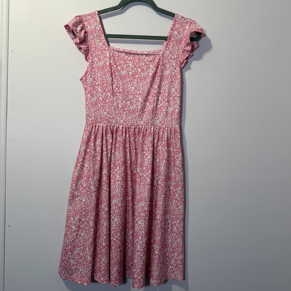 Pink Floral Square-Neck Sundress with Flutter Cap Sleeves, Medium, NWT